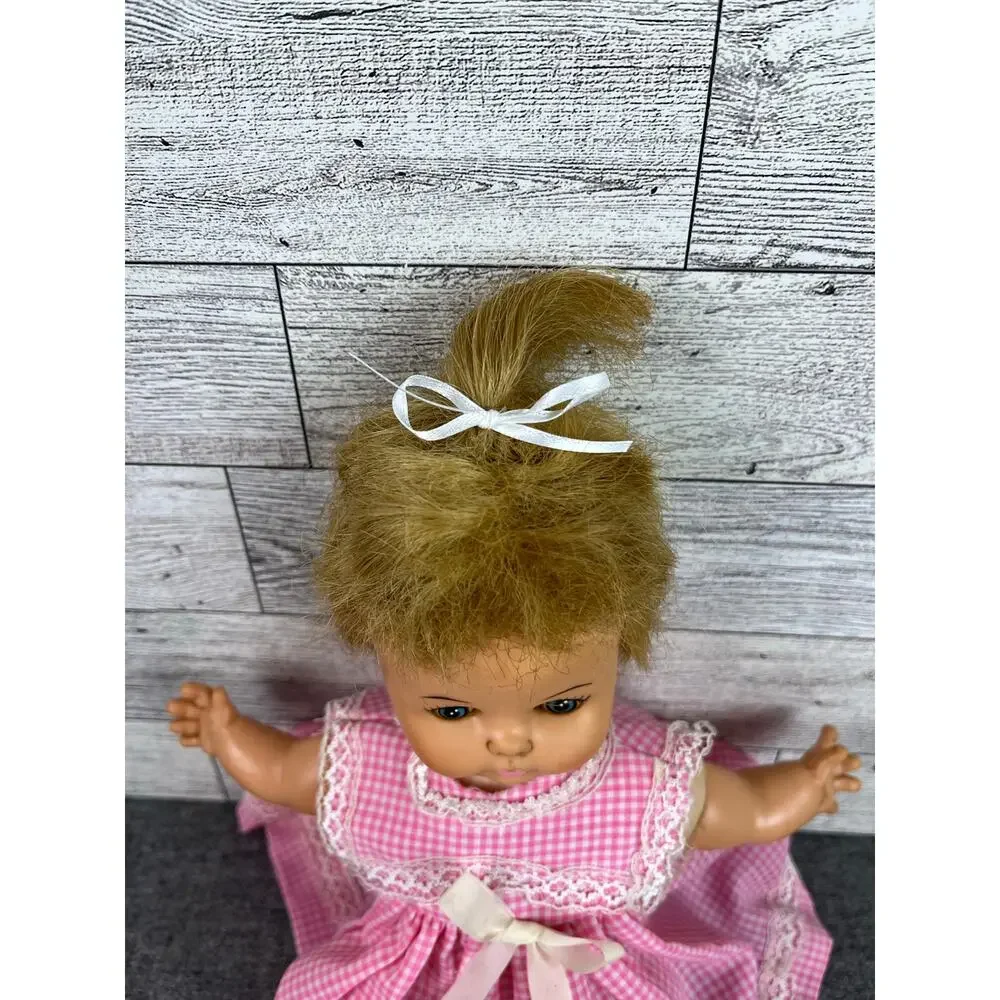 HORSMAN 1968 Vintage Baby DOLL Blonde Blue Eyes PINK Gingham Dress 10.5 Inch